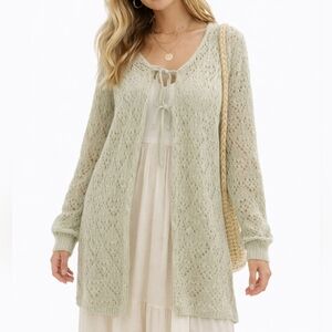 Vintage Sage Green Crocheted Tie Front Cardigan Size Medium